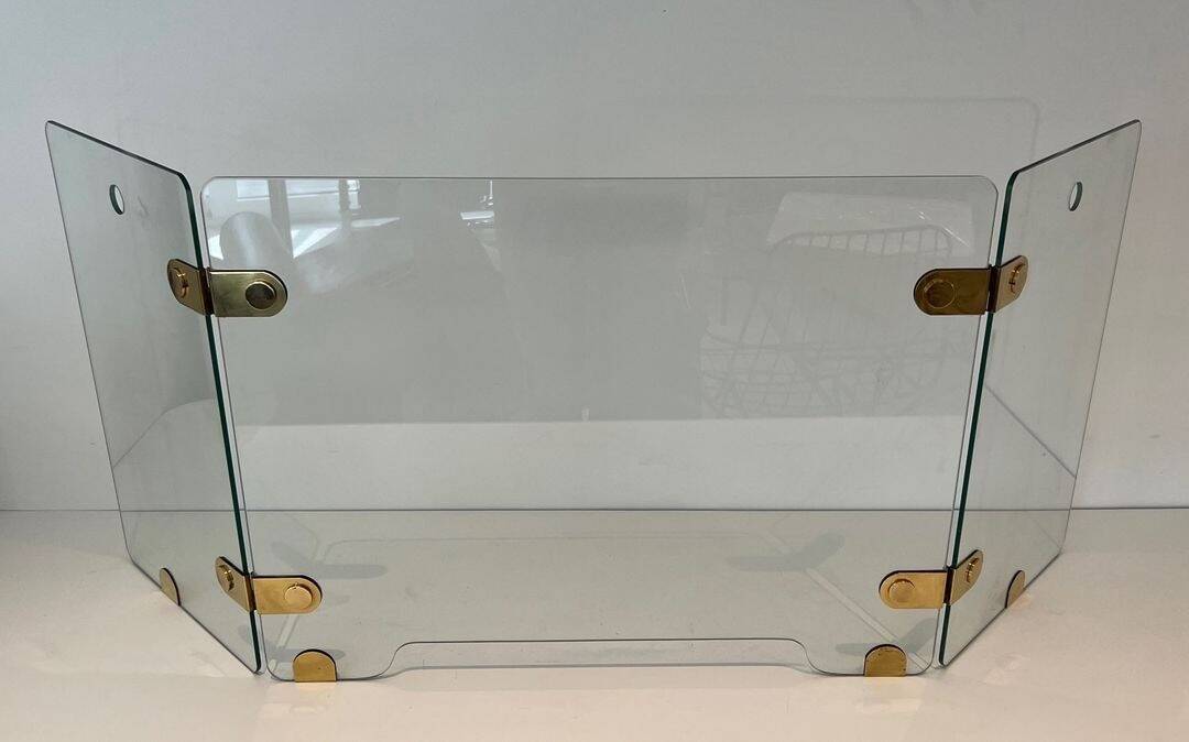 Three-Panel Folding Fire Screen with Clear Glass and Brass Hinges Ova
