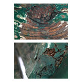 Wooden bench with green patina