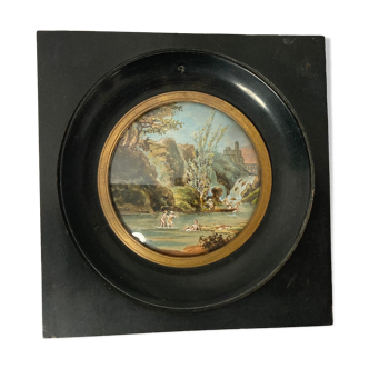 Miniature sur papier paysage animé cadre bois noirci XIXème