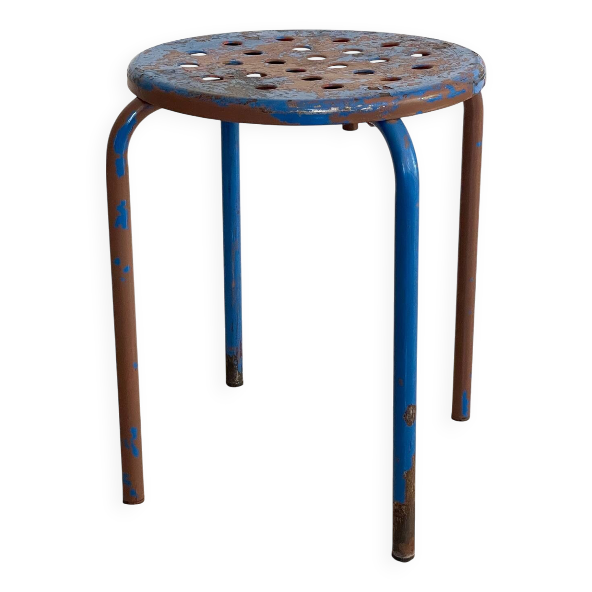 Tabouret industriel acier patine bleue & chocolat vintage