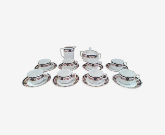 Service à thé ou café long 8pers 18pces en porcelaine Czechoslovakia frise bleue roses anciennes