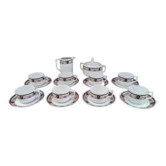 Service à thé ou café long 8pers 18pces en porcelaine Czechoslovakia frise bleue roses anciennes