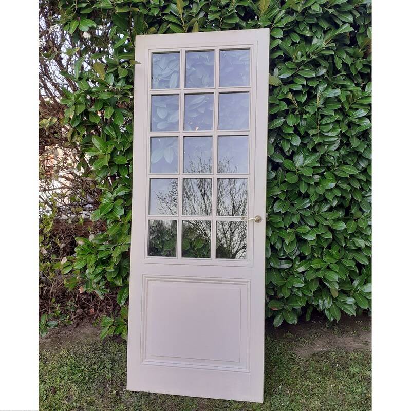 Porte ancienne de communication vitrée moulurée 218,5x83 15 petits carreaux