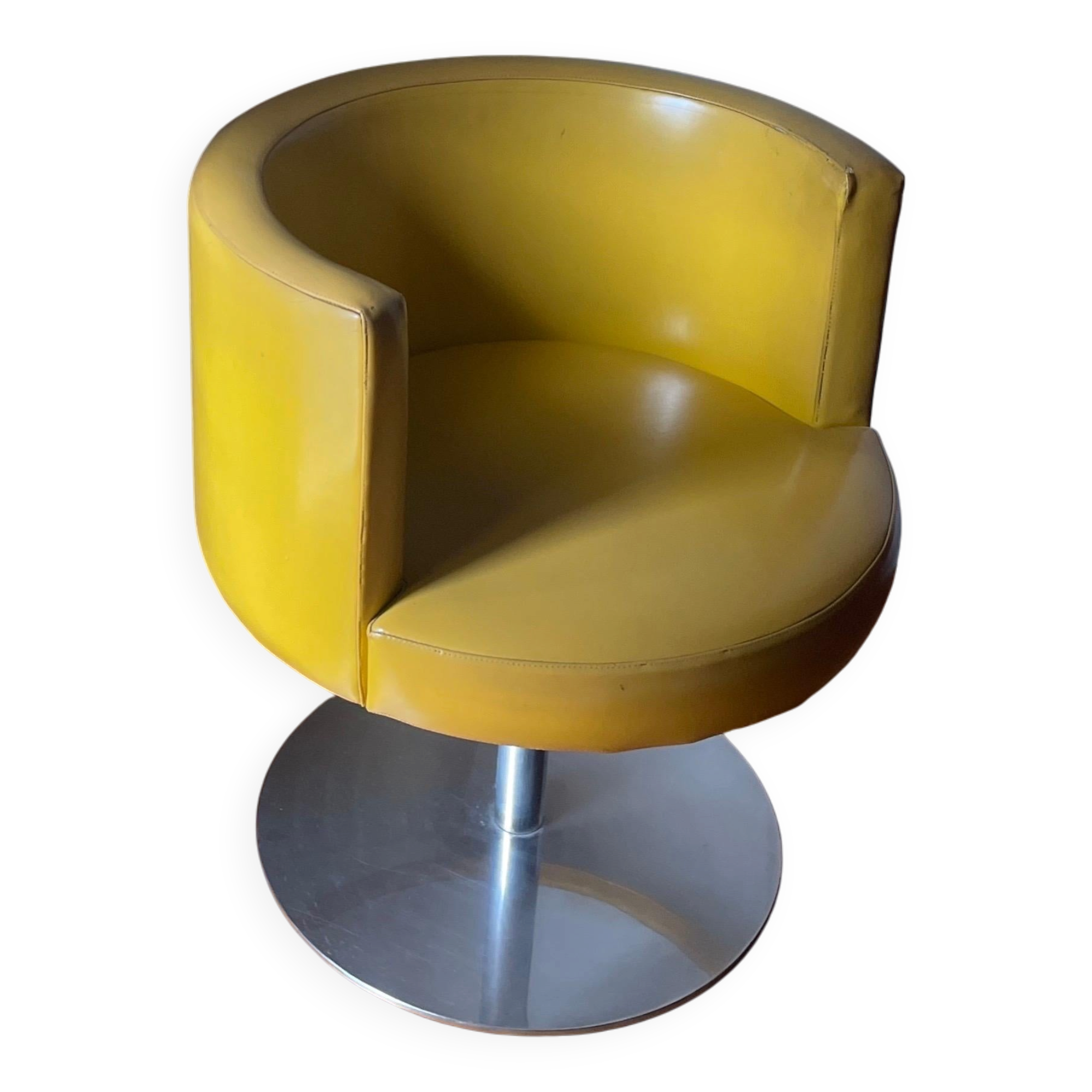 Vintage Italian Space Age Yellow Leather Accent Swivel Chair by Antonia Astori