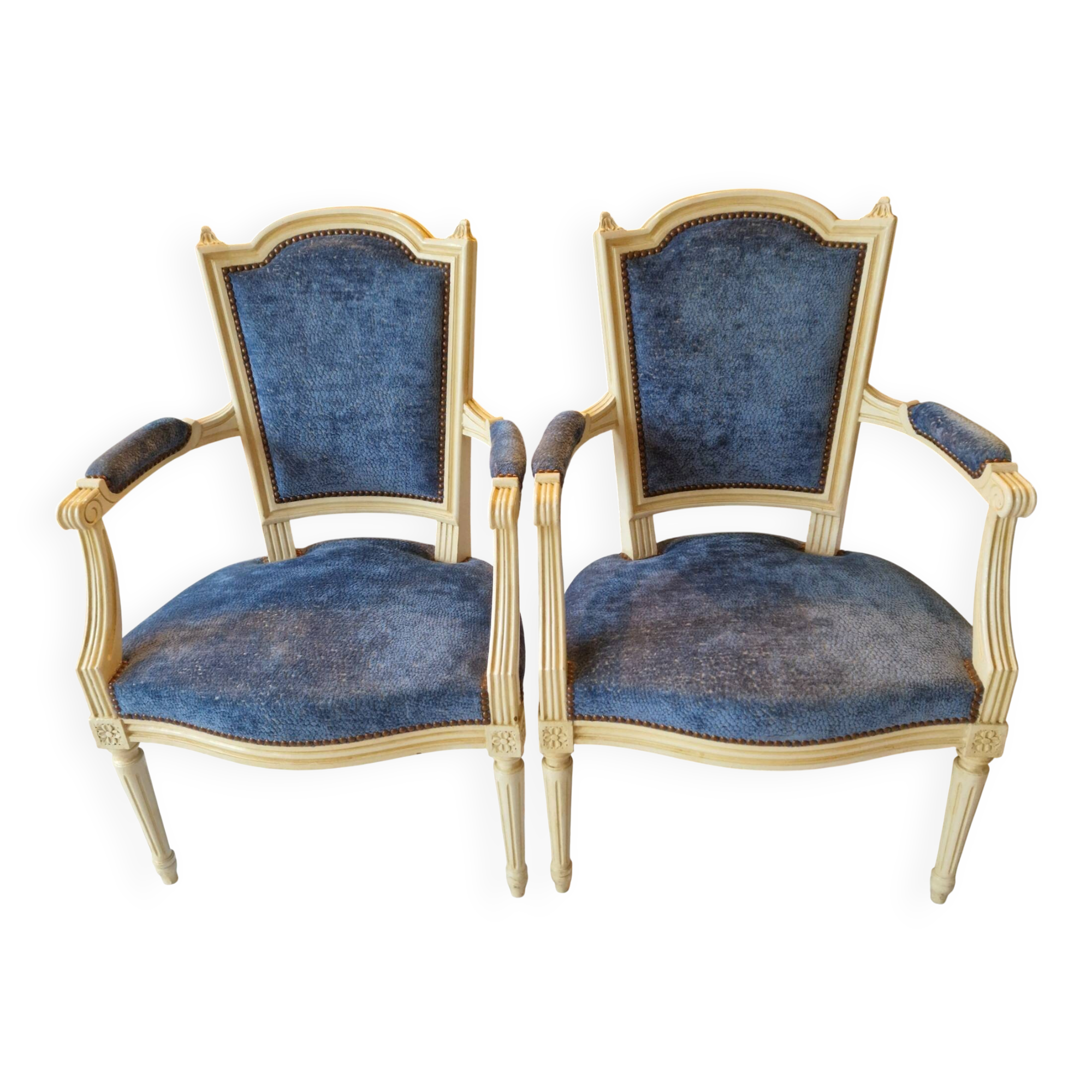 Pair of Louis XVI cabriolet armchairs in cream and blue French elegance late 19th century