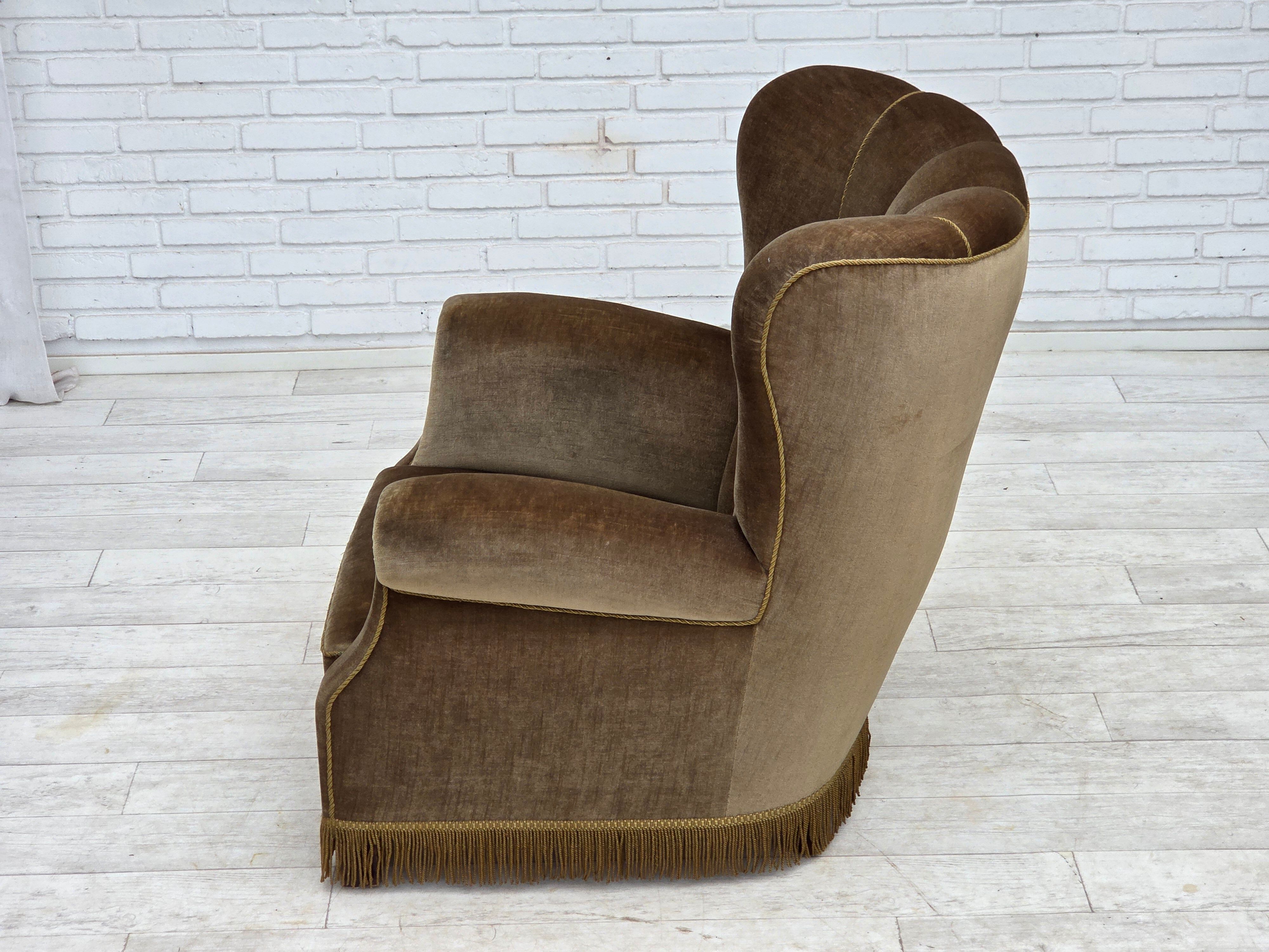 1960s, Danish relax armchair, dark green furniture velour, ash wood.