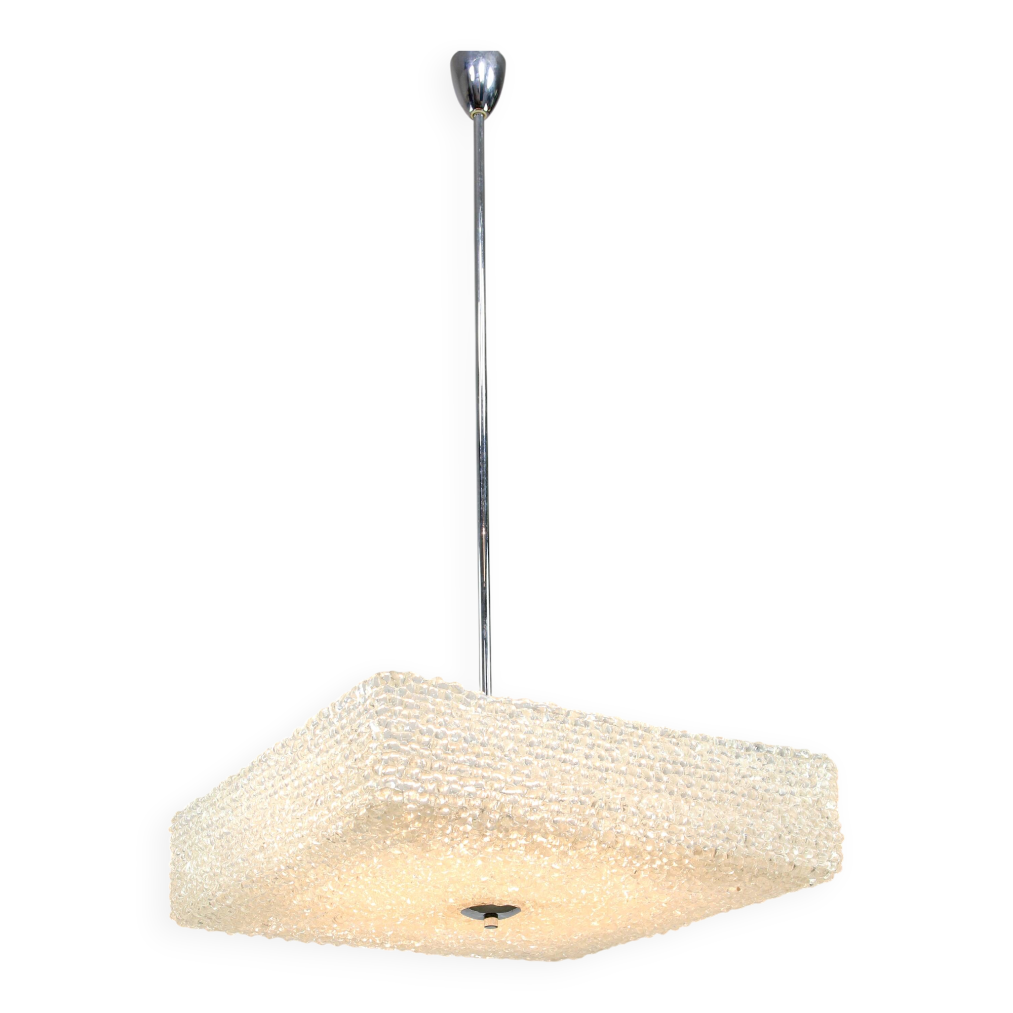 Vintage Textured Glass Chandelier: Mid-Century Kalmar Style Pendant Light