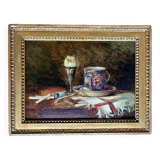 The boiled egg, still life in oil, 19th century.