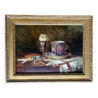 The boiled egg, still life in oil, 19th century.