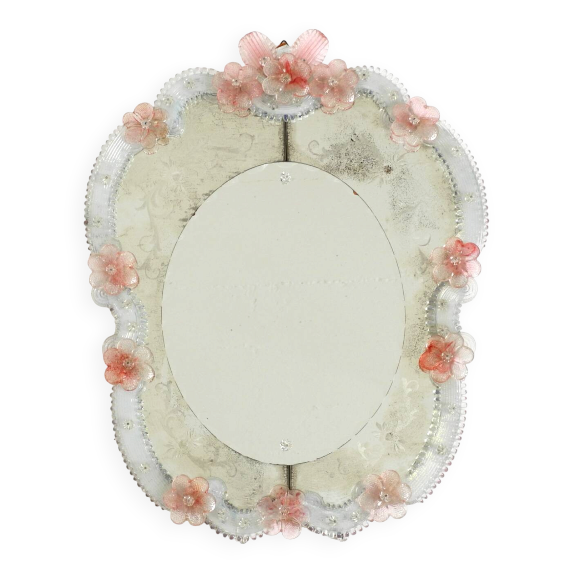 Italian mid-century wall mirror with a Murano glass frame and blossoms