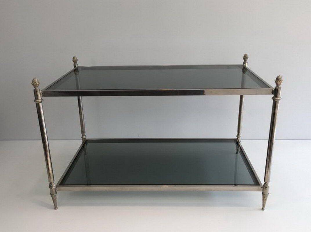 Neoclassical silver coffee table with bluish glass tops