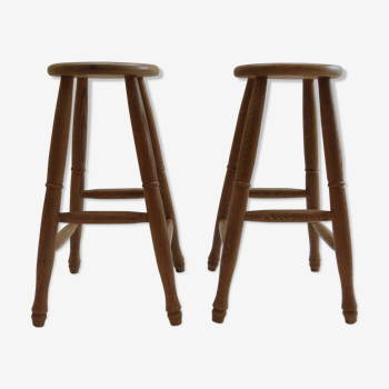 Pair of 1970s bespoke solid ash wooden stools