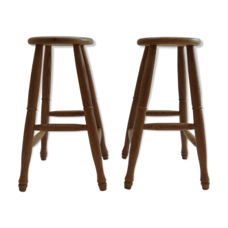 Pair of 1970s bespoke solid ash wooden stools