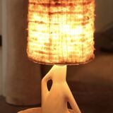 White ceramic lamp with wool lampshade, 1950s