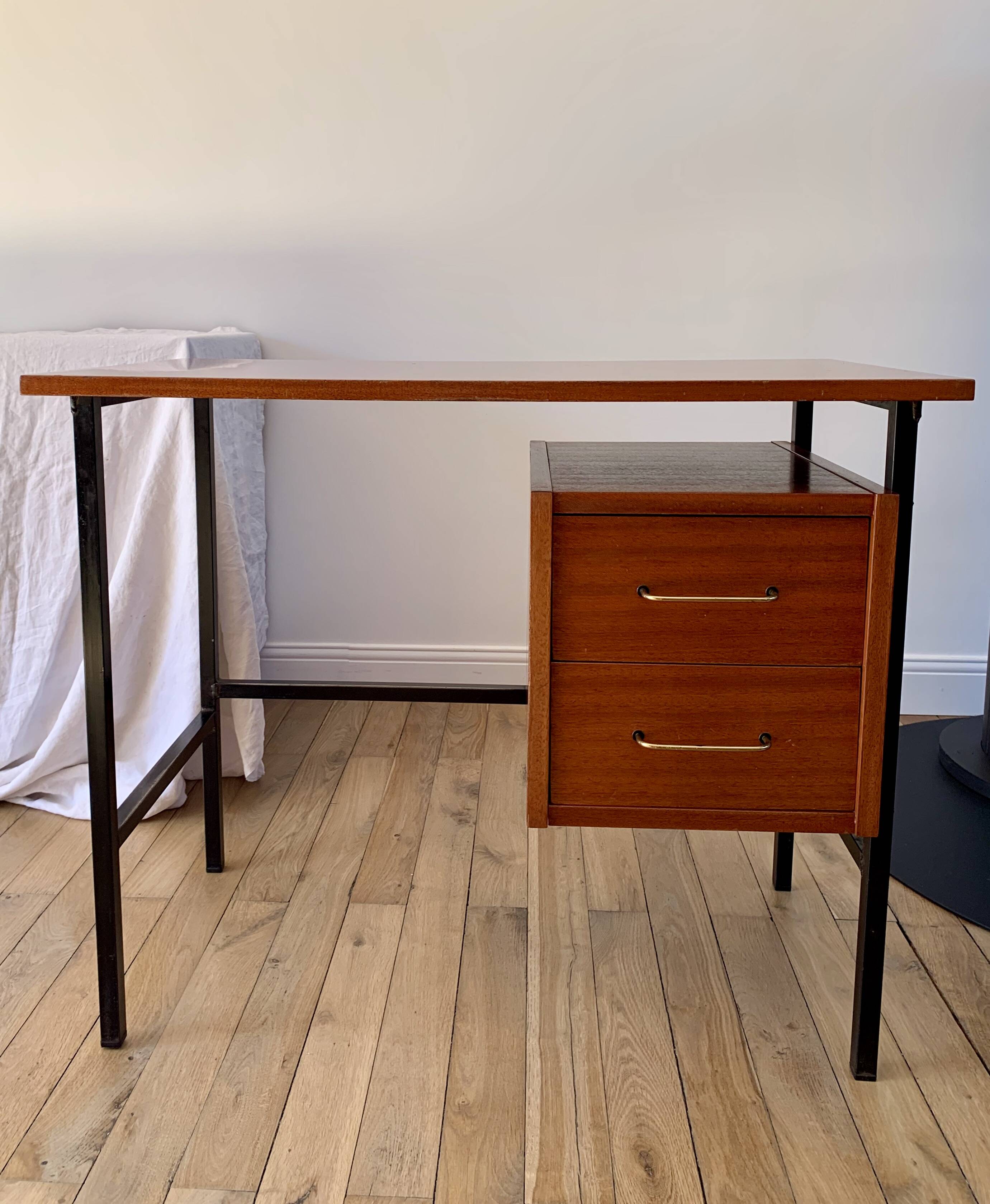 lacquered wood desk and black steel legs design from the 60s and 70s