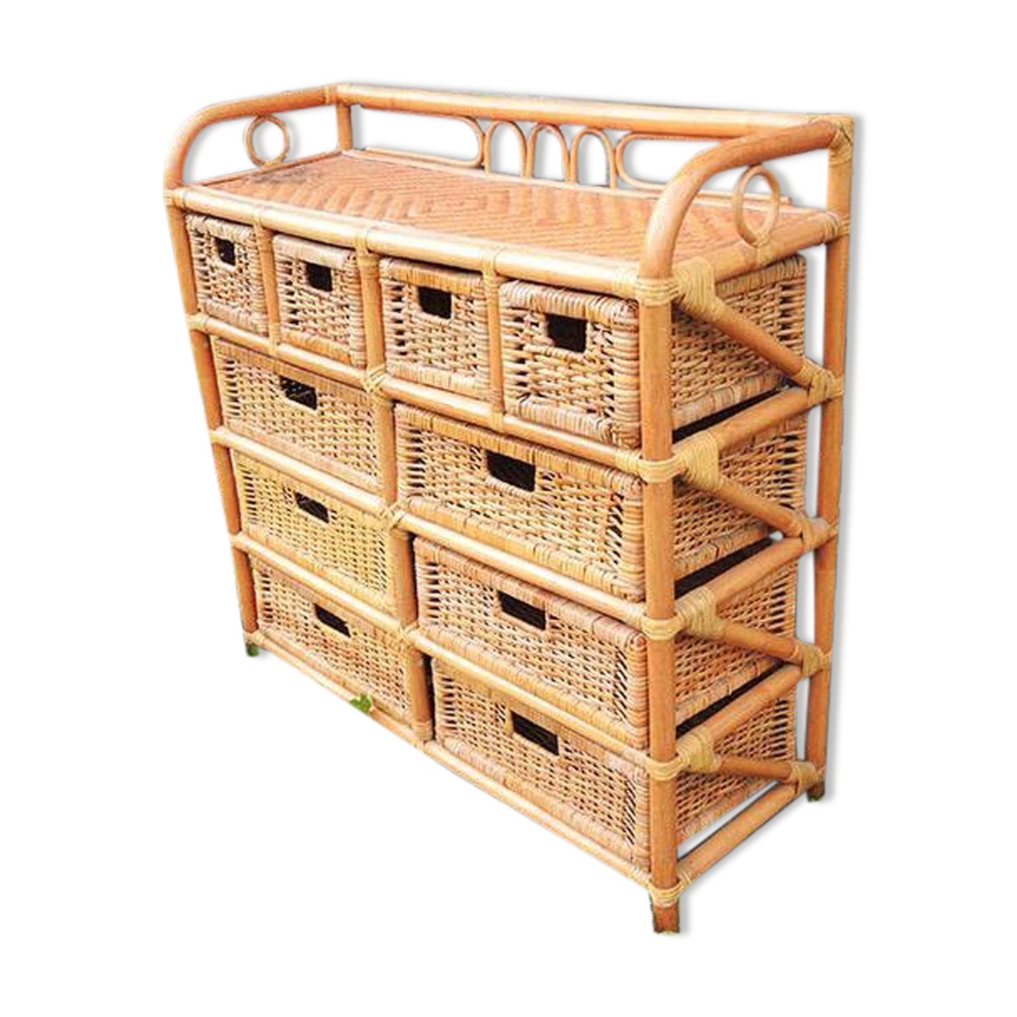 Ancienne Commode en Rotin / Osier Clair 10 Tiroirs