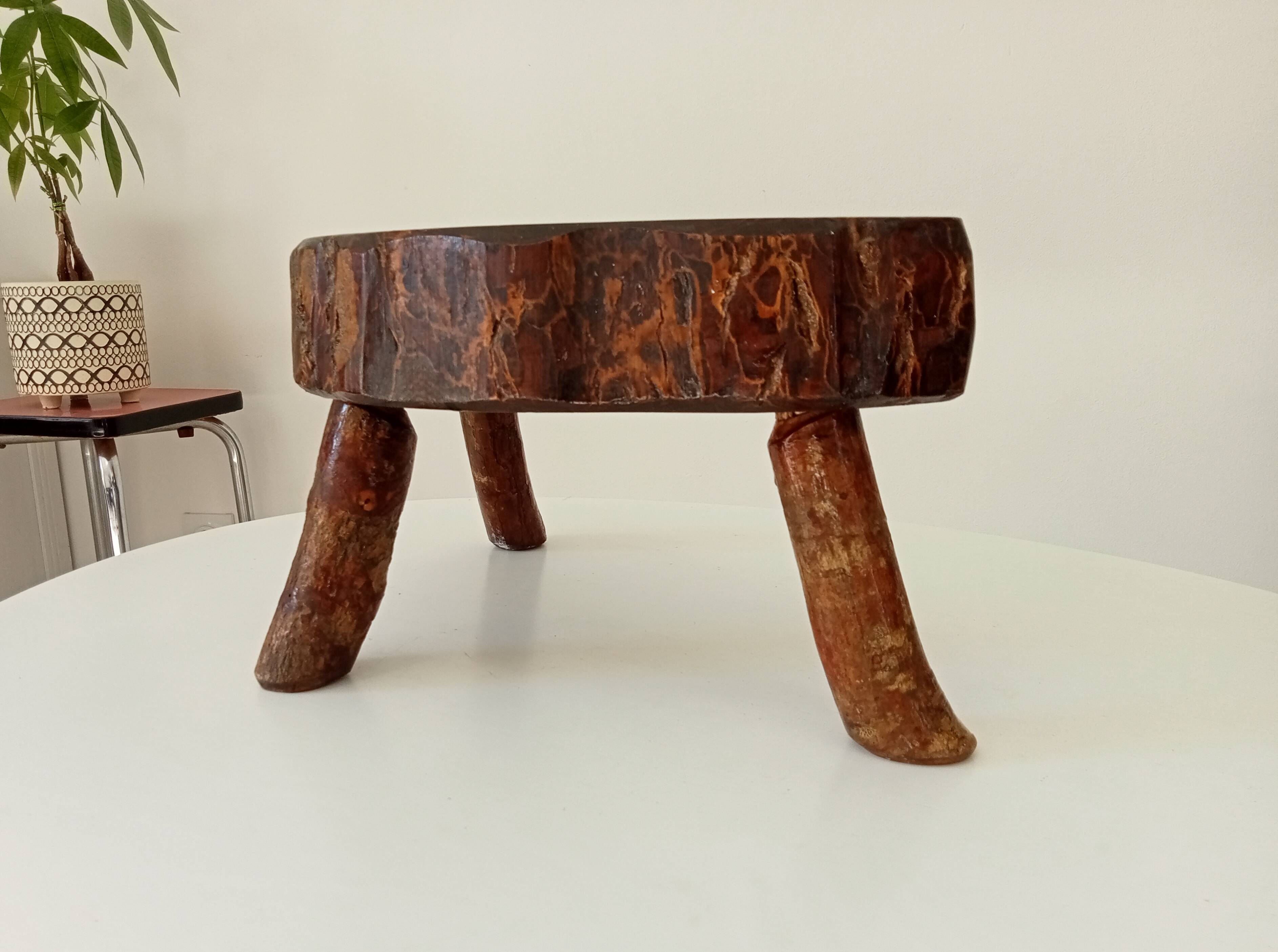 Vintage brutalist tripod stool in solid olive wood