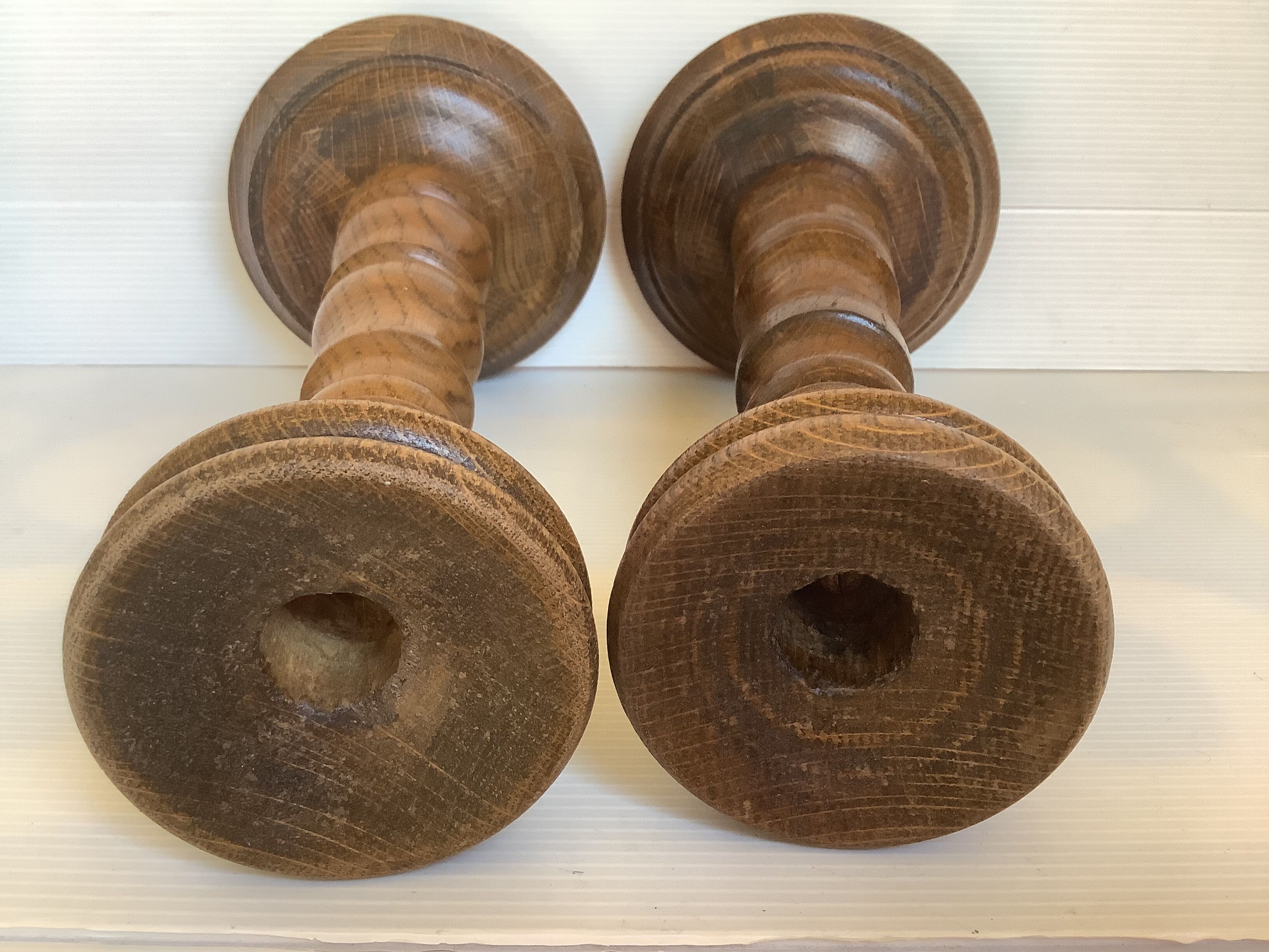 Pair old large wooden candle holders brutalist