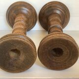 Paire anciens bougeoirs en bois brutaliste