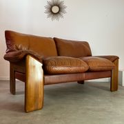 Old 2-seater leather and walnut sofa design 70s Mobil Girgi Mario Marenco vintage Italy