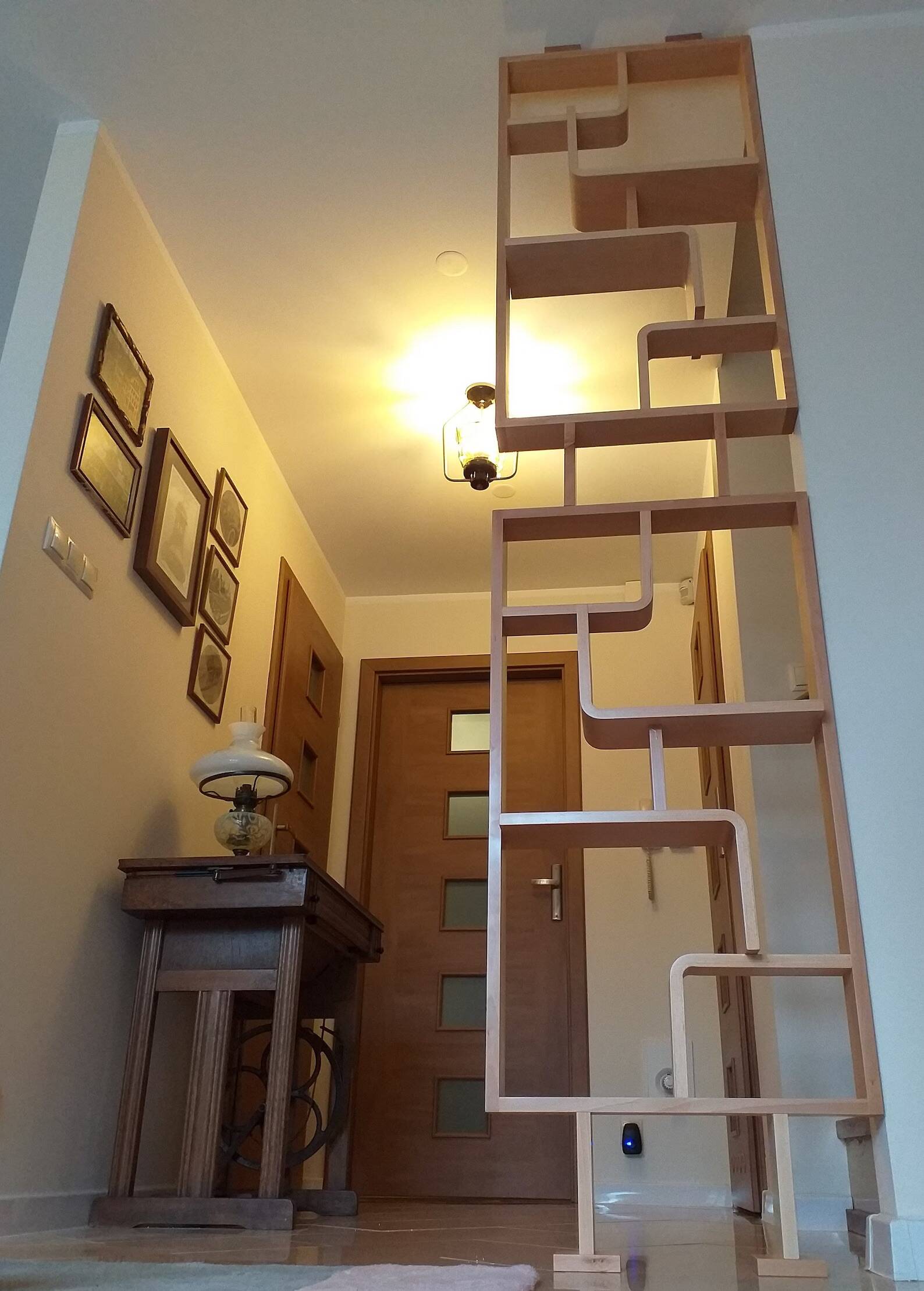 Two screens, partition walls, Volak shelves in bent wood