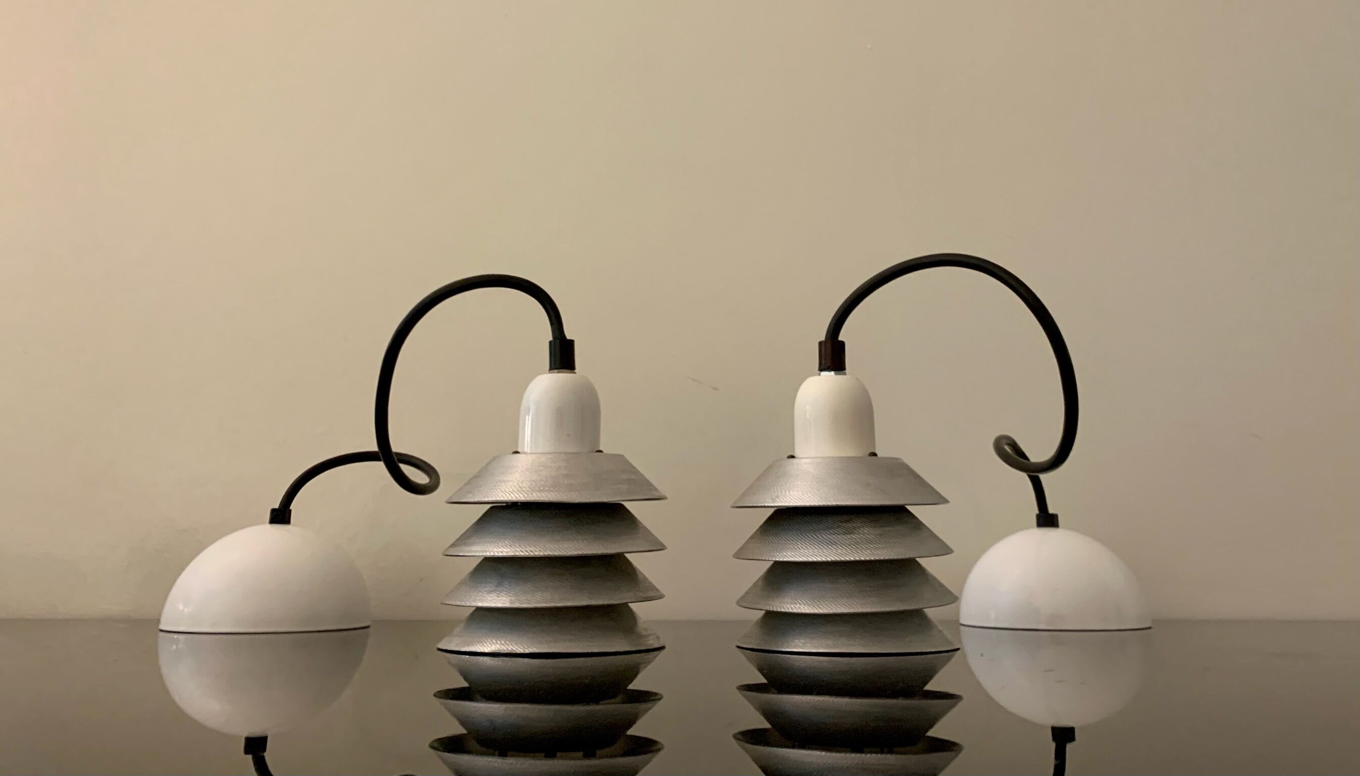 Pair of vintage pendant lights - 70s design metal lamps