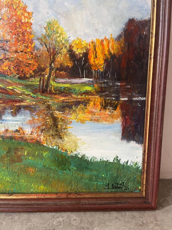 Automne au lac, huile sur toile signé Lucien Bertrand