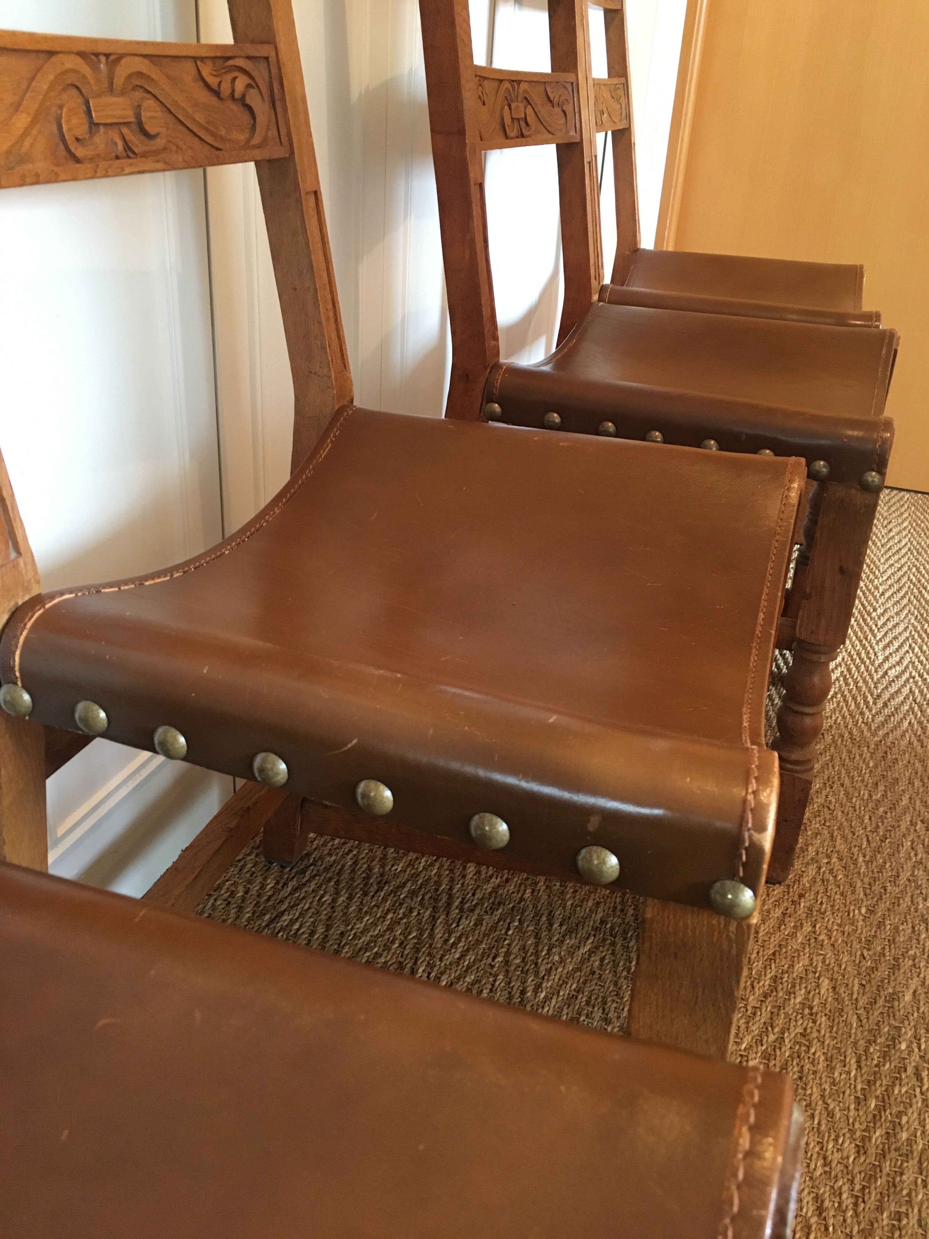 Lot of 4 old wooden and leather chairs