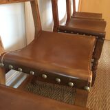 Lot of 4 old wooden and leather chairs
