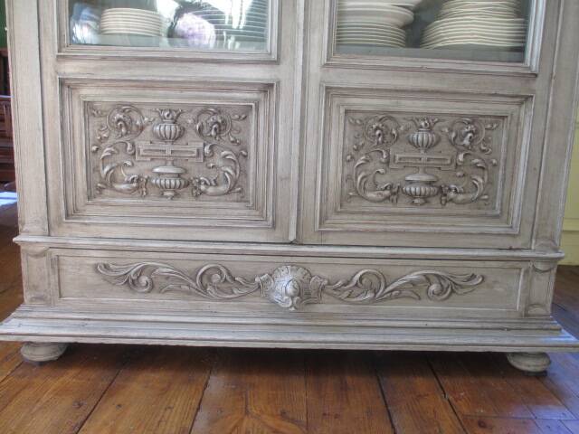 Antique carved buffet display cabinet with gray patina
