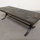 Brutalist coffee table in natural stone and wrought iron circa 1960