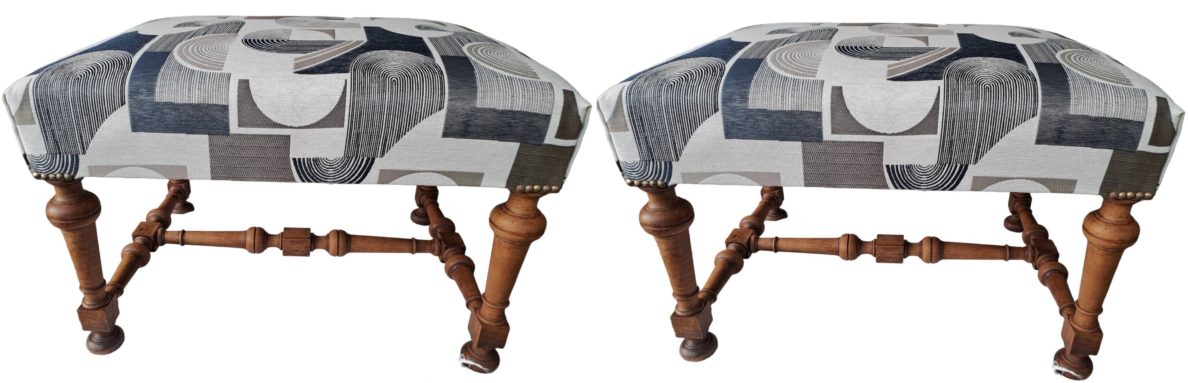 Set of 2 rectangular poufs, art deco footboard, reupholstered, vintage, 1930s/1950s