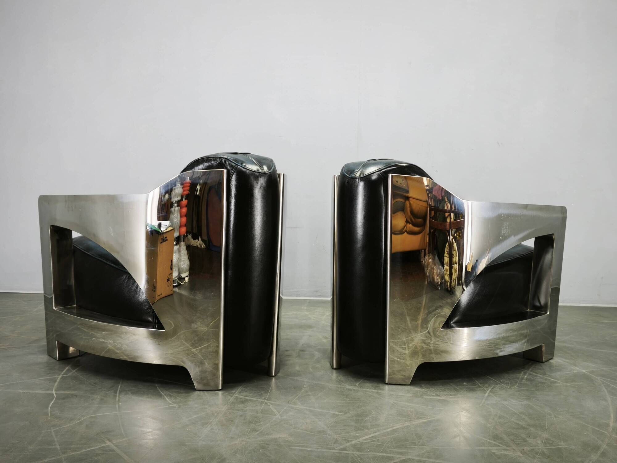 Pair of Timothy Oulton Aviator Leather and Steel Armchairs 1990s