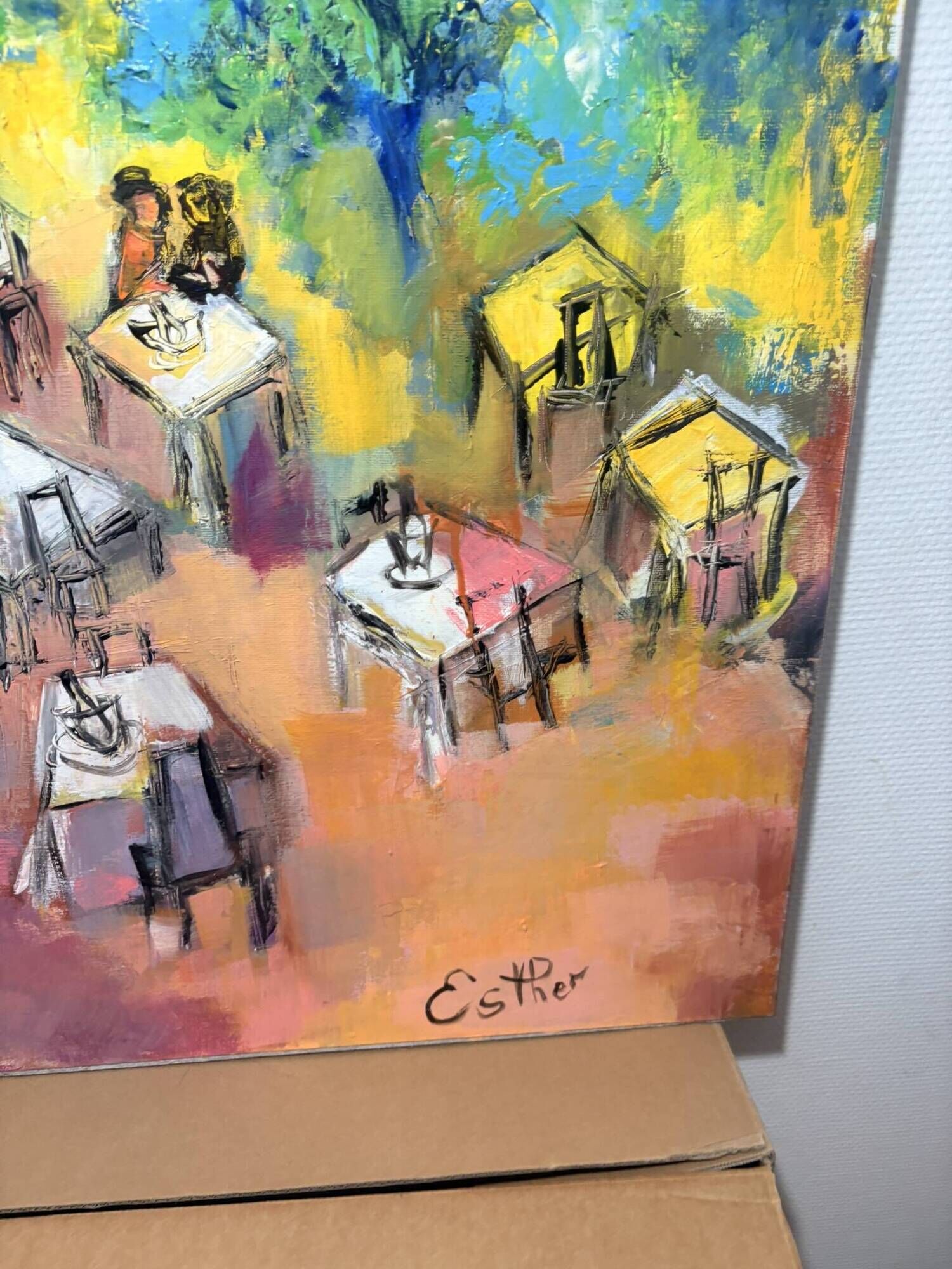 Oil Painting Canvas Deloison Scene Life Kiosk Café Bar Music
