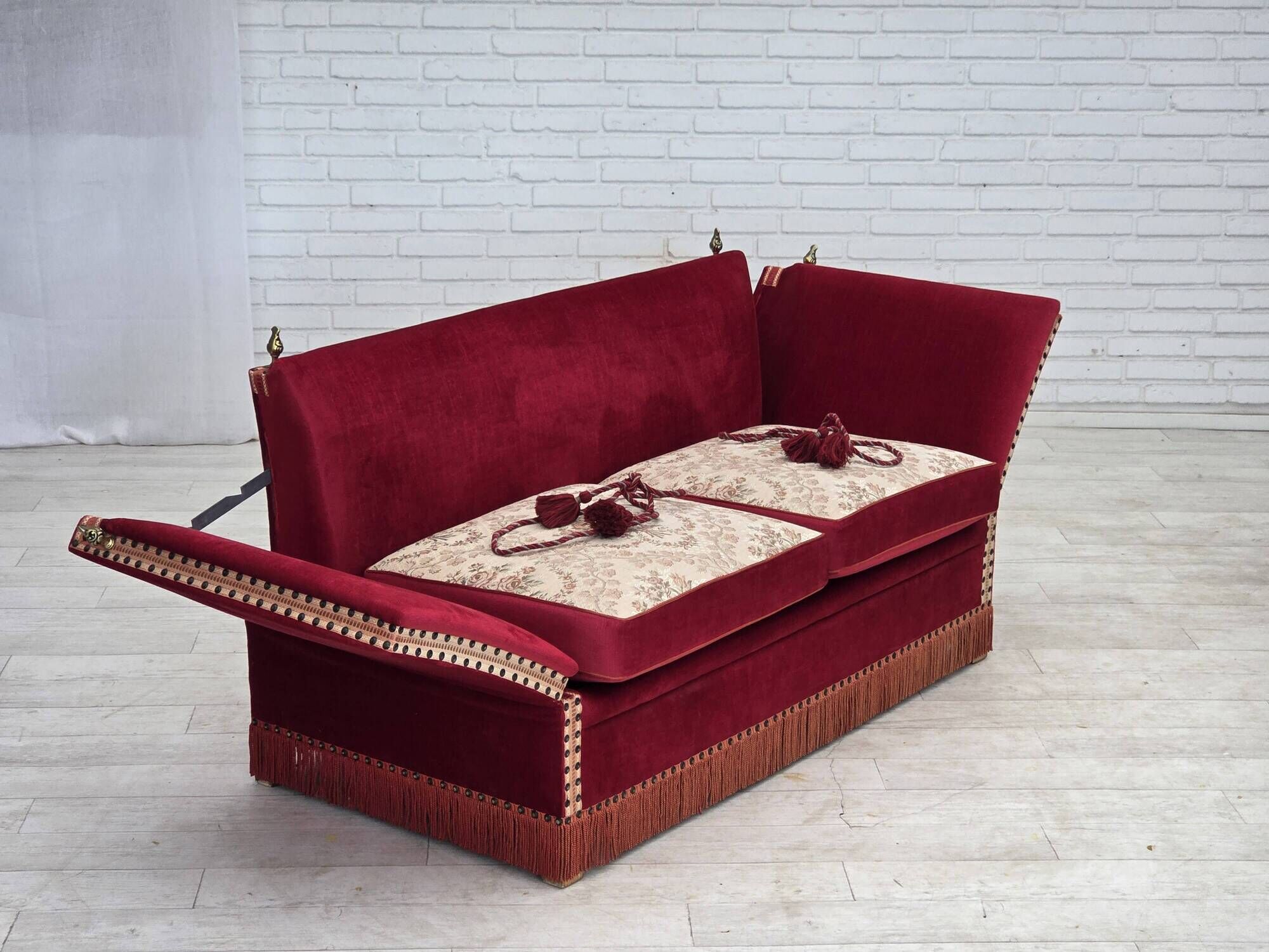 1970s, Danish 2-seater "Spanish" drop arm sofa, furniture velour.