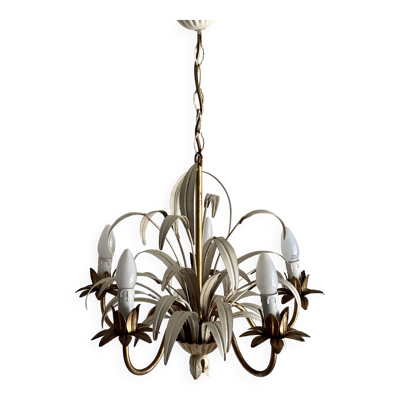 Lustre Feuilles et Fleurs métal laqué et doré Vintage 1960