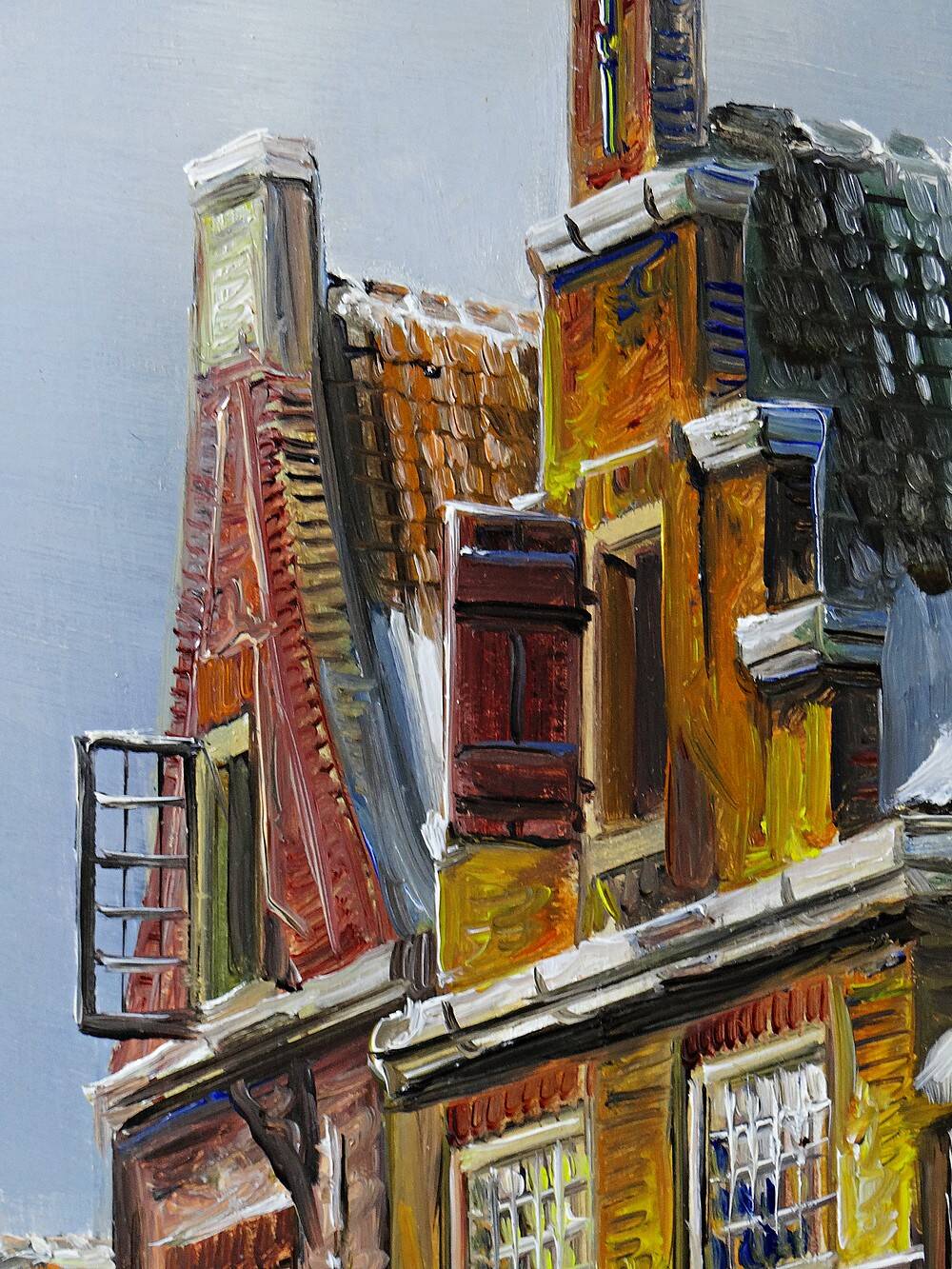 Large urban scene oil on wood framed painting John Haanstra vintage