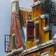 Large urban scene oil on wood framed painting John Haanstra vintage