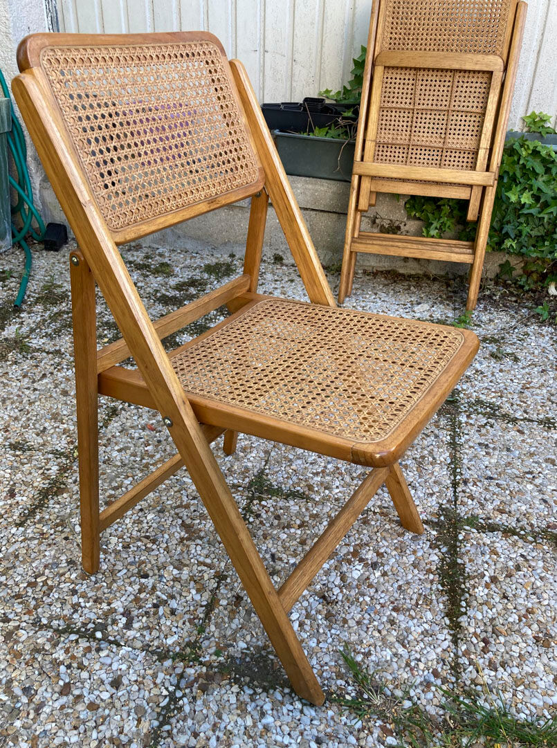 Lot de 3 chaises pliantes en bois et cannage