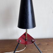1950s modernist tripod lamp made of sheet metal and brass.