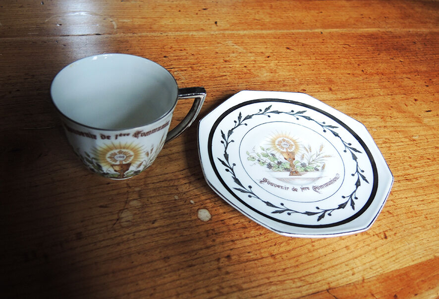 Ancient Cup And Saucer In Porcelain First Communion
