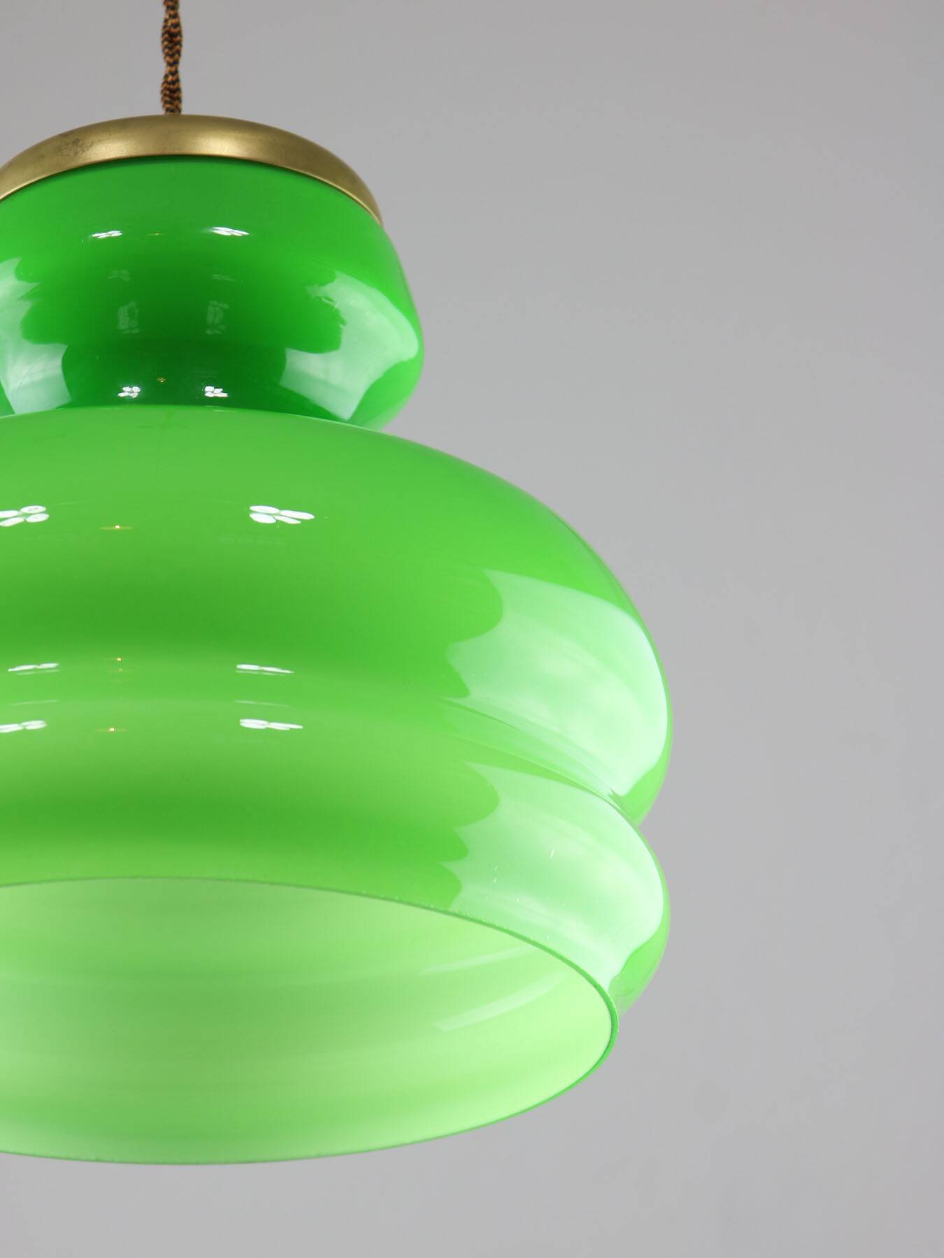 Big Green Mid-century Italian Brass and Glass Pendant Lamp