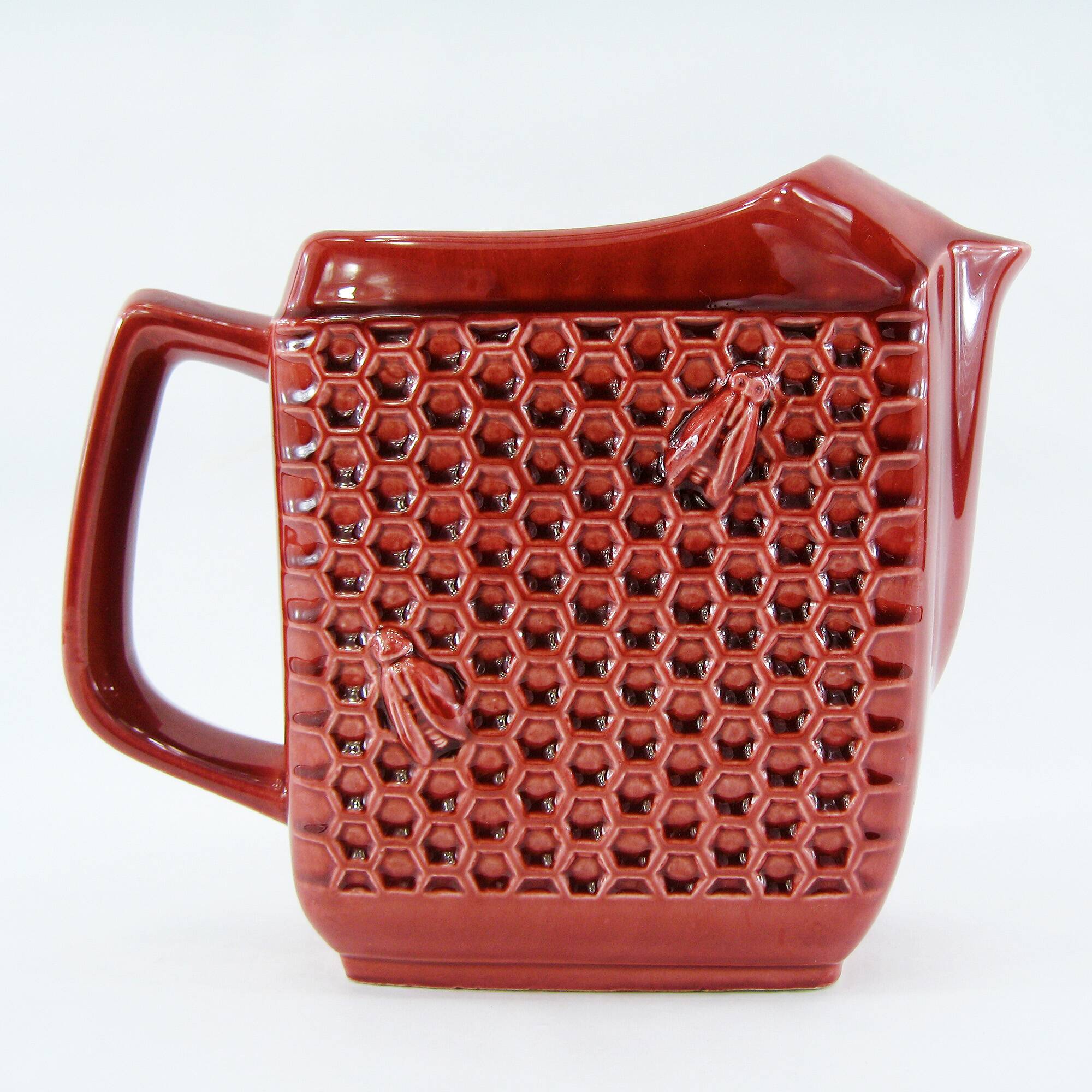 Red ceramic pitcher - bees and honeycombs decor - St Clément France - vintage 60s