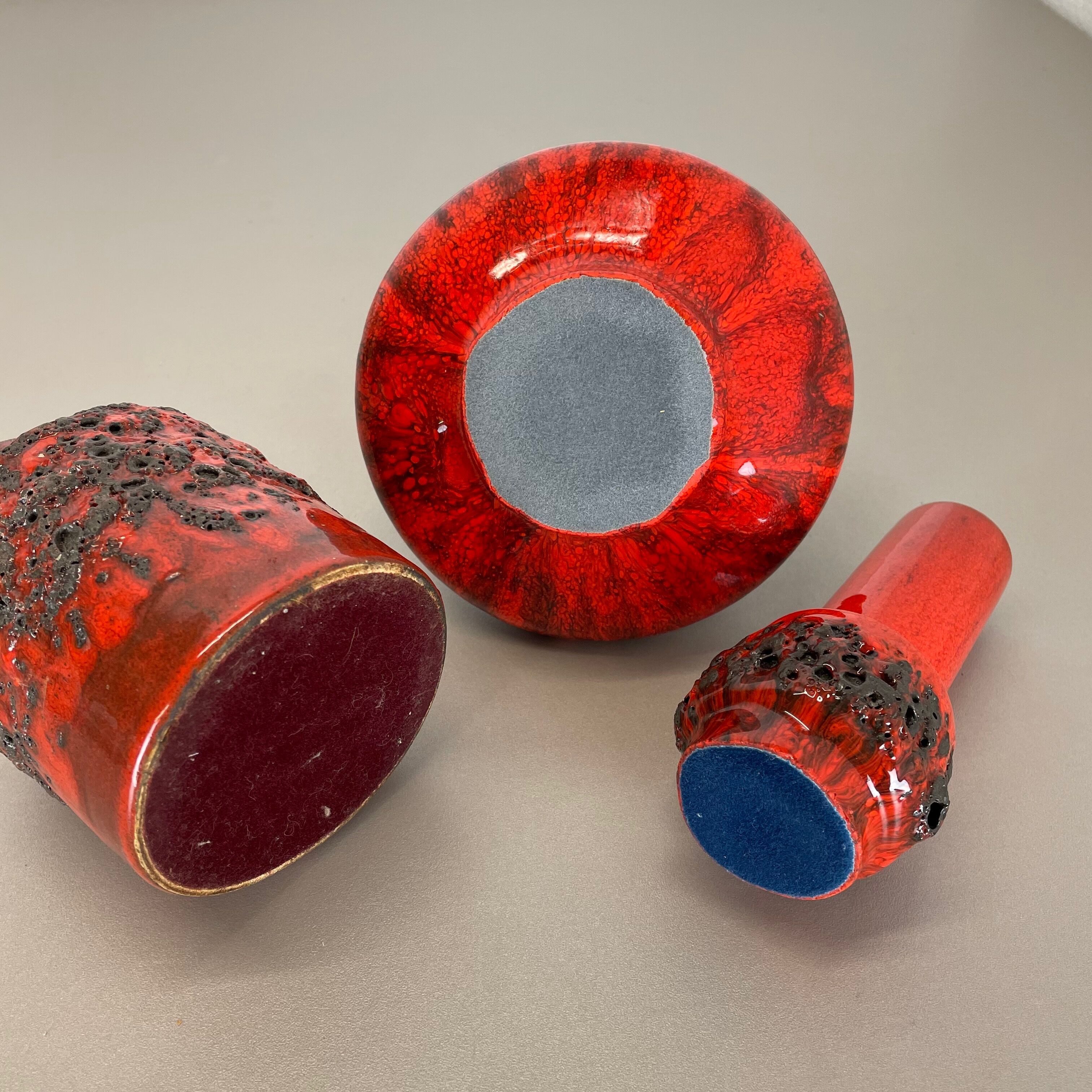 Ensemble de 3 vases en poterie céramique rouge noir Otto Keramik Allemagne 1970