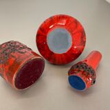 Set of 3 Red Black Ceramic Studio Pottery Vase Objects Otto Keramik Germany 1970