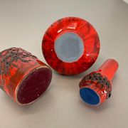 Set of 3 Red Black Ceramic Studio Pottery Vase Objects Otto Keramik Germany 1970