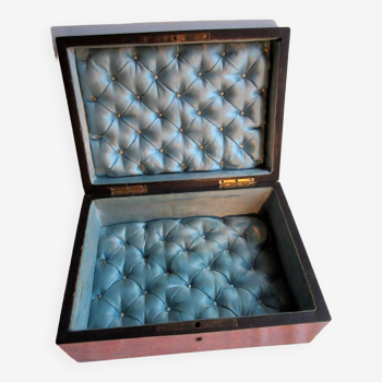19th century Napoleon III box, blue silk padded jewelry box in elm burl