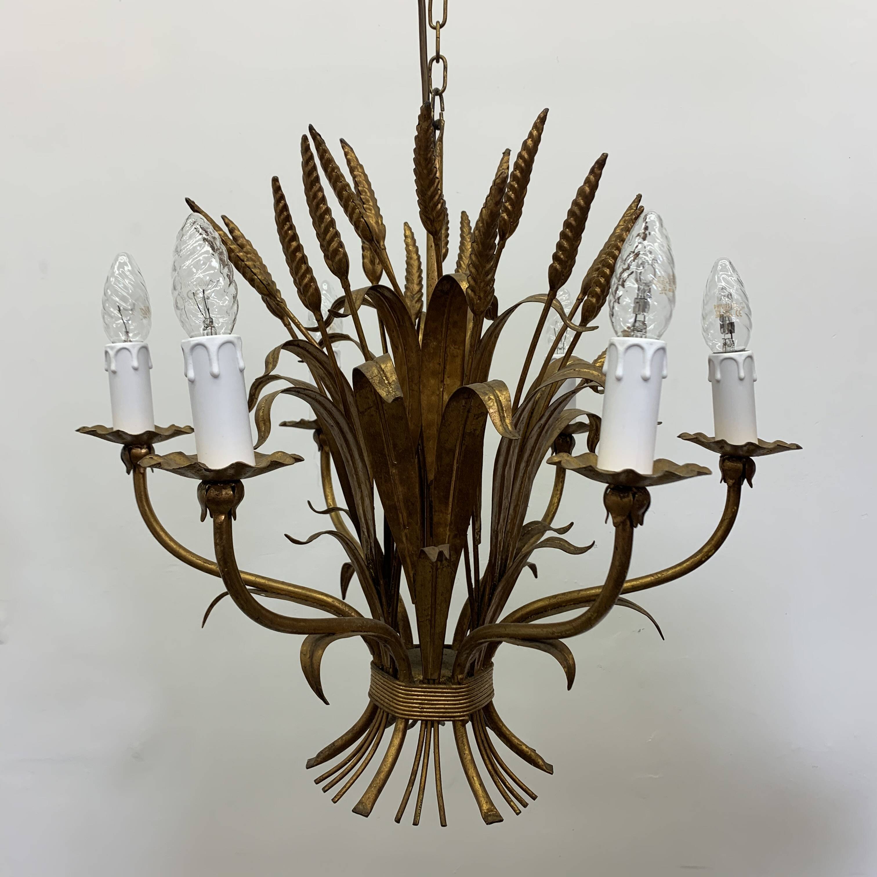 Large wheat sheaf leaf gold gilt chandelier, 1960’s