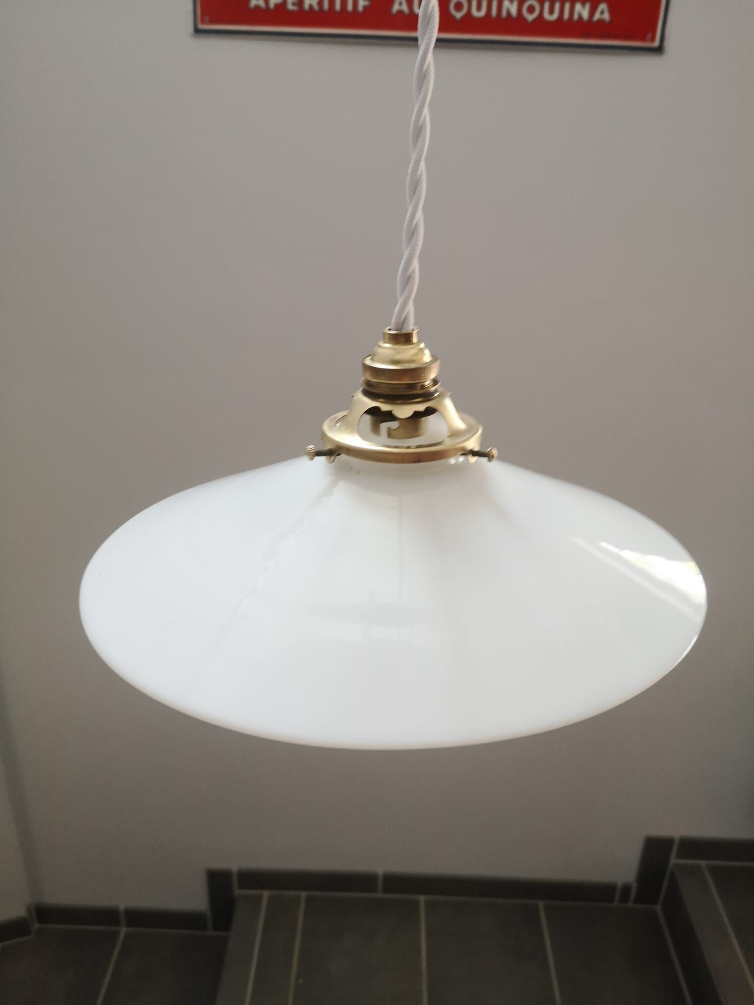 Suspension opaline blanche lisse baladeuse tbe art déco 1940 ø 25 cm tbe