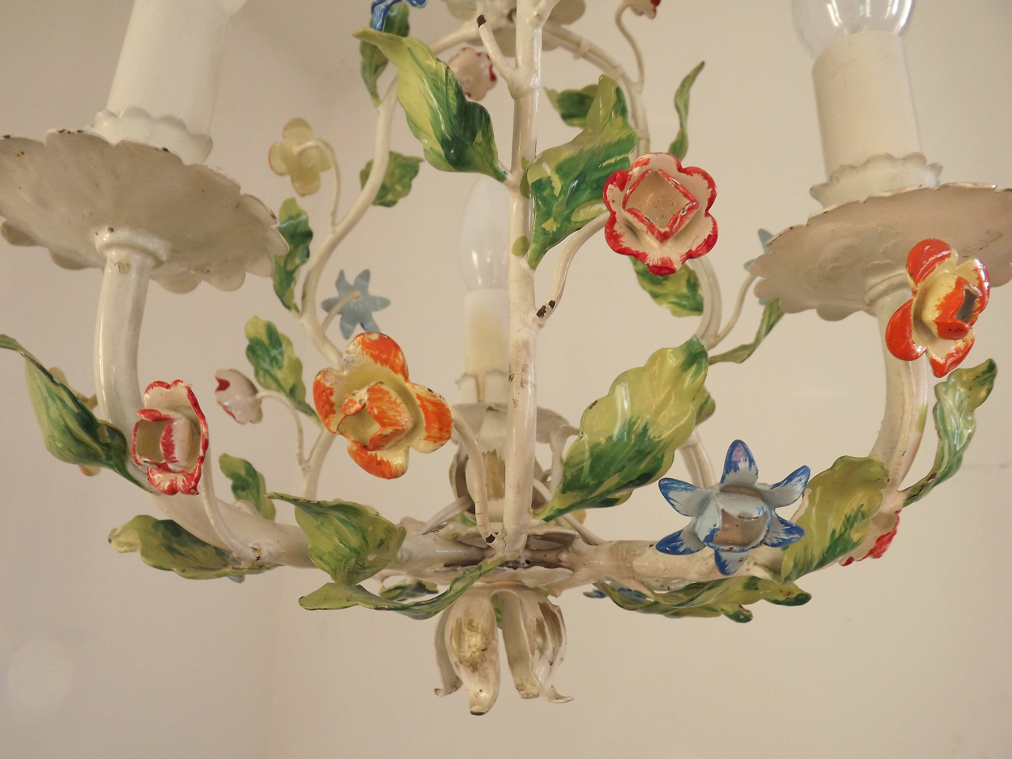 Romantic Vintage Italian Metal 3 Light Cage Chandelier Circa 1930s/40s